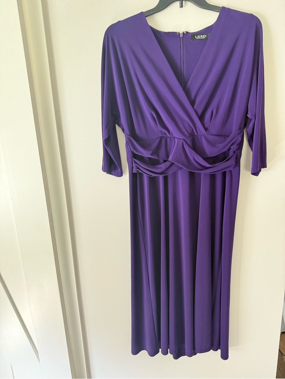 Lauren Ralph Lauren Dress, V-Neck, Ruched, Purple, Size 16, NWT